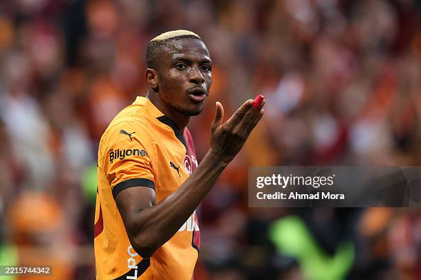 Victor Osimhen of Galatasaray celebrates after scoring his team's first goal during the Turkish Super League match between Galatasaray and...