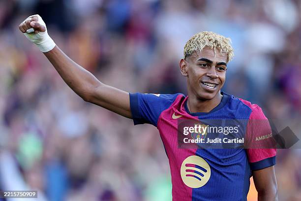 Lamine Yamal of FC Barcelona celebrates scoring his team's first goal during the La Liga EA Sports match between FC Barcelona and Villarreal CF at...