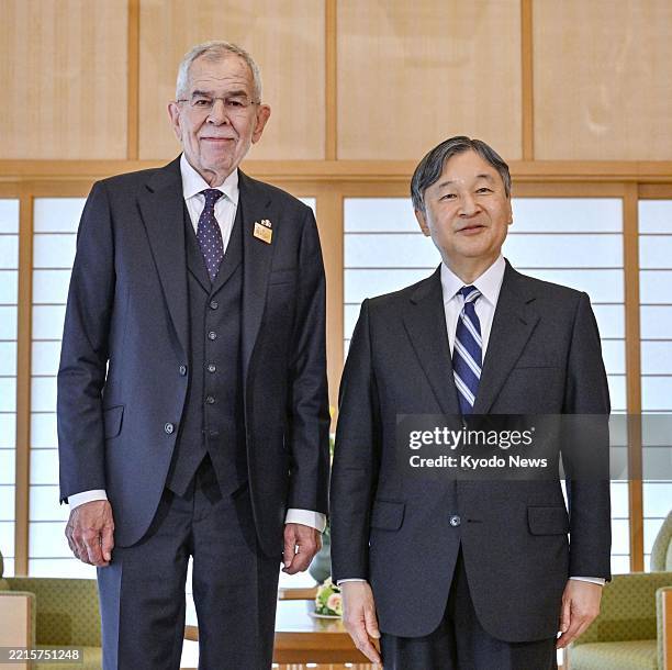 Japanese Emperor Naruhito poses with visiting Austrian President Alexander Van der Bellen at the Imperial Palace in Tokyo on May 22, 2025.