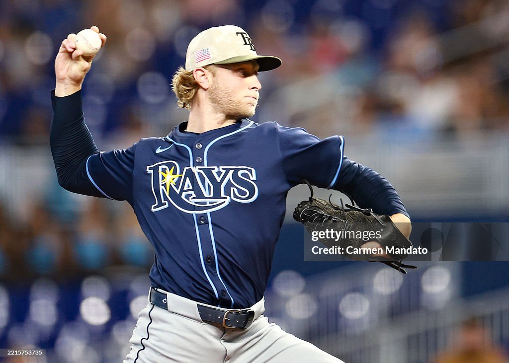 Miami Rays Shane Baz of the Tampa Bay Rays delivers during the first inning ...