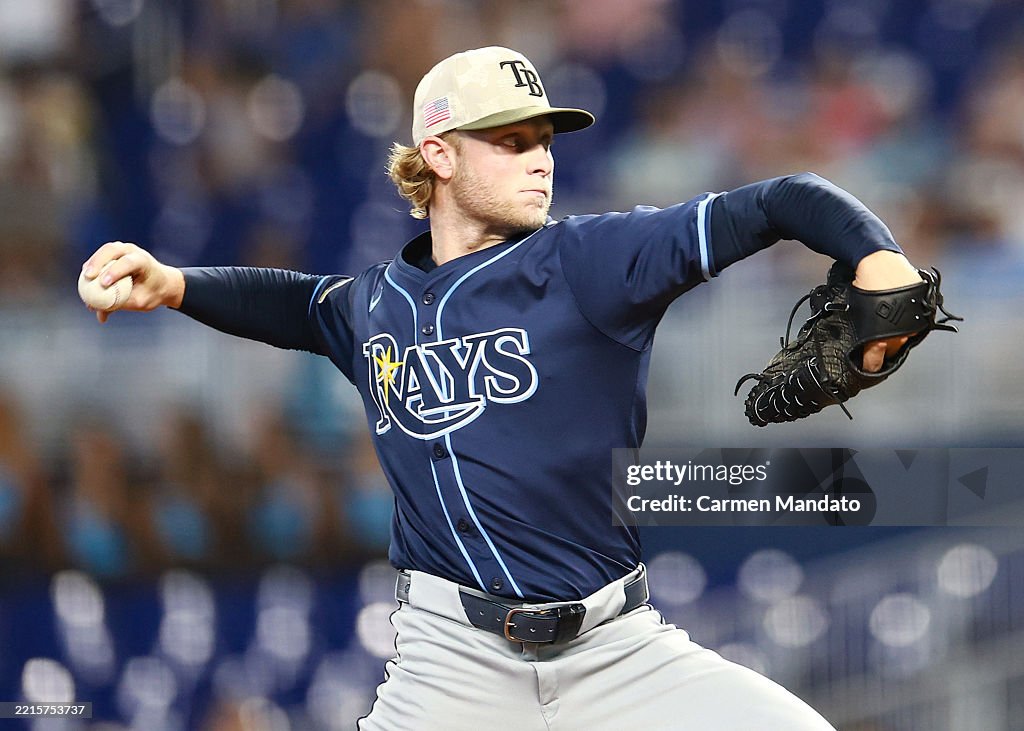 Miami Rays Shane Baz of the Tampa Bay Rays delivers during the first inning ...