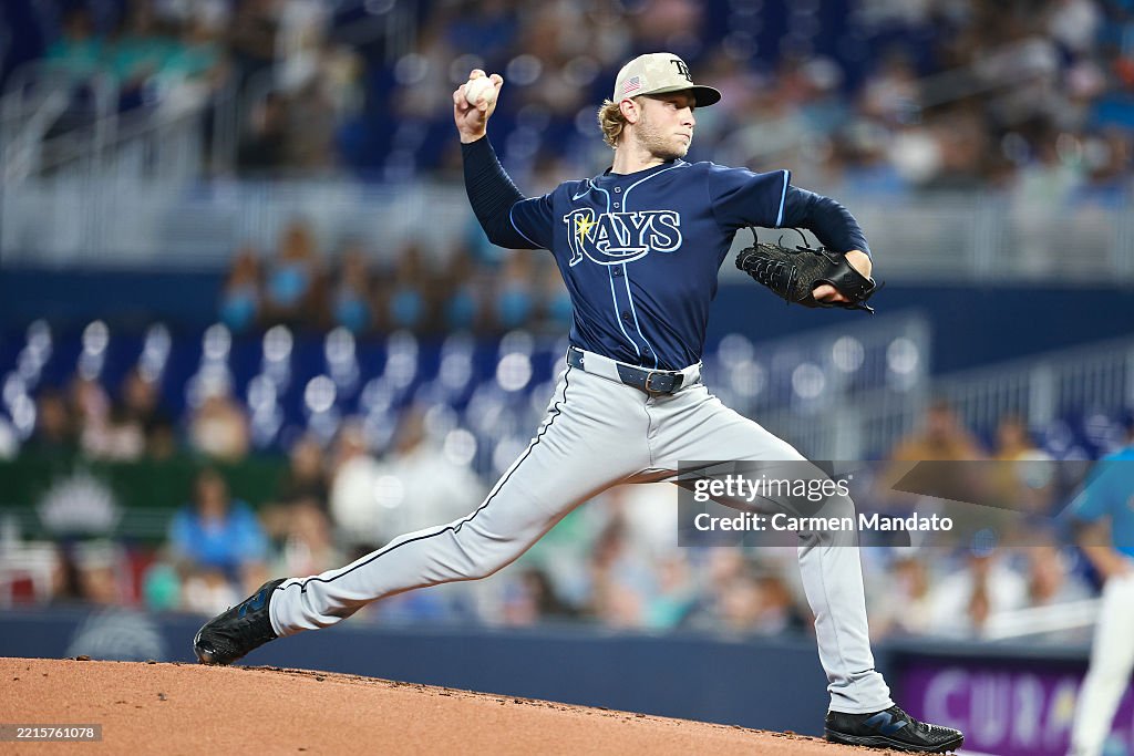 Miami Rays Shane Baz of the Tampa Bay Rays delivers during the first inning ...