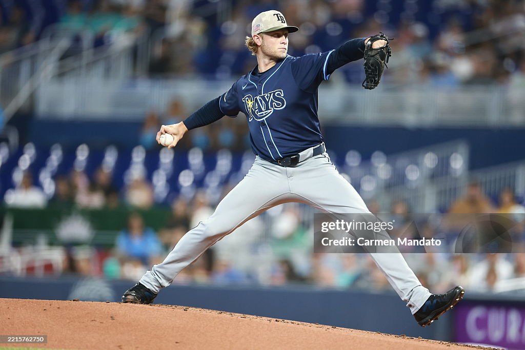 Miami Rays Shane Baz of the Tampa Bay Rays delivers during the first inning ...