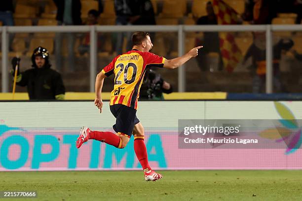 Ylber Ramadani of Lecce celebrates after scoring his team's opening goal during the Serie A match between Lecce and Torino at Stadio Via del Mare on...