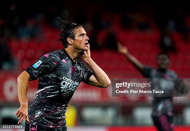 Lorenzo Colombo of Empoli celebrates scoring his team's first goal during the Serie A match between Monza and Empoli at U-Power Stadium on May 18,...