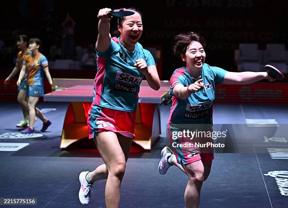 Hanna Ryu Shin Yubin and Ryu Hanna of South Korea celebrate after winning the ...