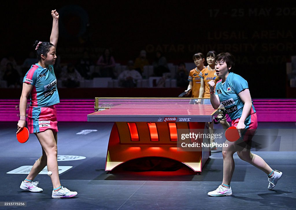 Hanna Ryu Shin Yubin and Ryu Hanna of South Korea react during the women's ...