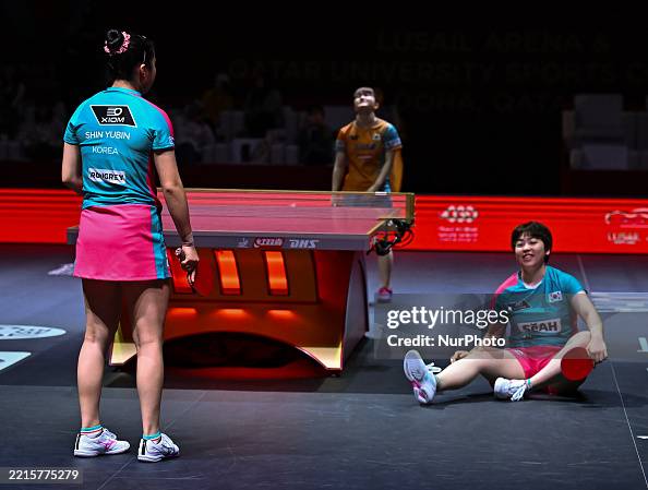 Hanna Ryu Shin Yubin and Ryu Hanna of South Korea react during the women's ...