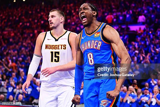 Jalen Williams of the Oklahoma City Thunder reacts after slam dunking during the second quarter in Game Seven of the Western Conference Second Round...
