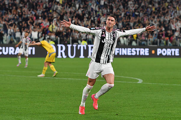 Dusan Vlahovic of Juventus celebrates scoring his team's second goal during the Serie A match between Juventus and Udinese at Allianz Stadium on May...