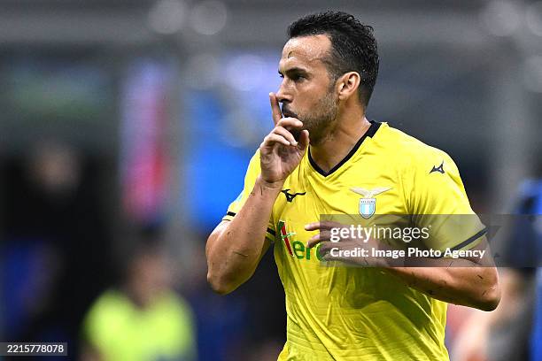 Pedro of Lazio celebrates his goal during the Serie A match between FC Internazionale and SS Lazio at Stadio Giuseppe Meazza on May 18, 2025 in...