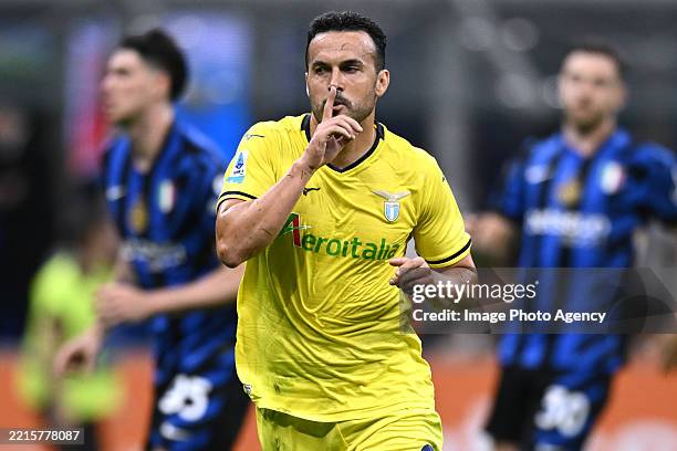 Pedro of Lazio celebrates his goal during the Serie A match between FC Internazionale and SS Lazio at Stadio Giuseppe Meazza on May 18, 2025 in...
