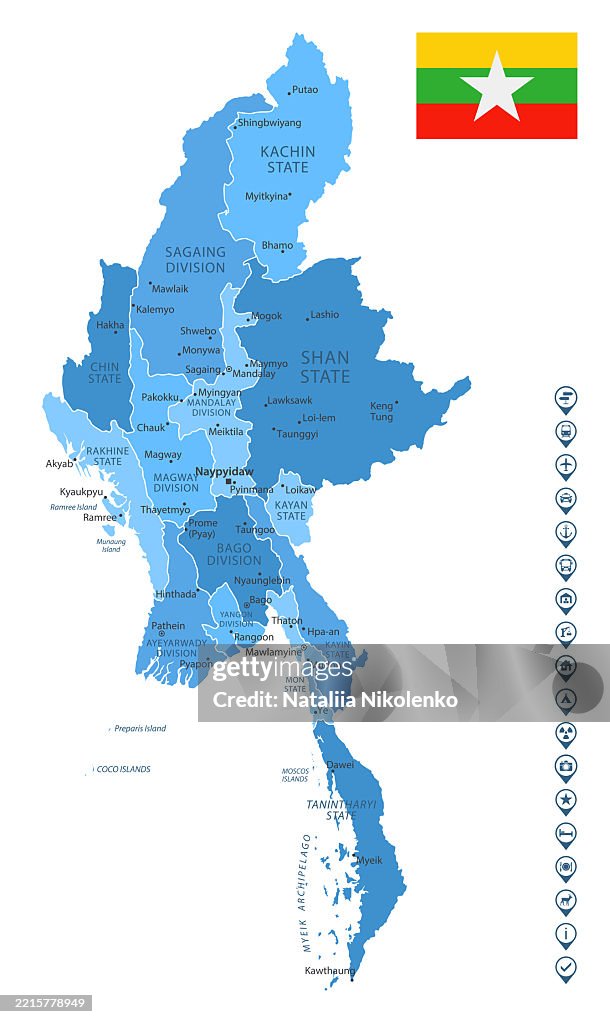 Myanmar Overview Myanmar Detailed Map With Regions Cities And Country Flag High-Res ...