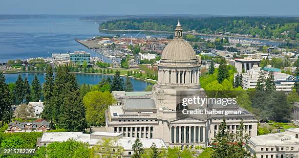 downtown olympia behind washington's state capitol building - aerial - washington state stock pictures, royalty-free photos & images