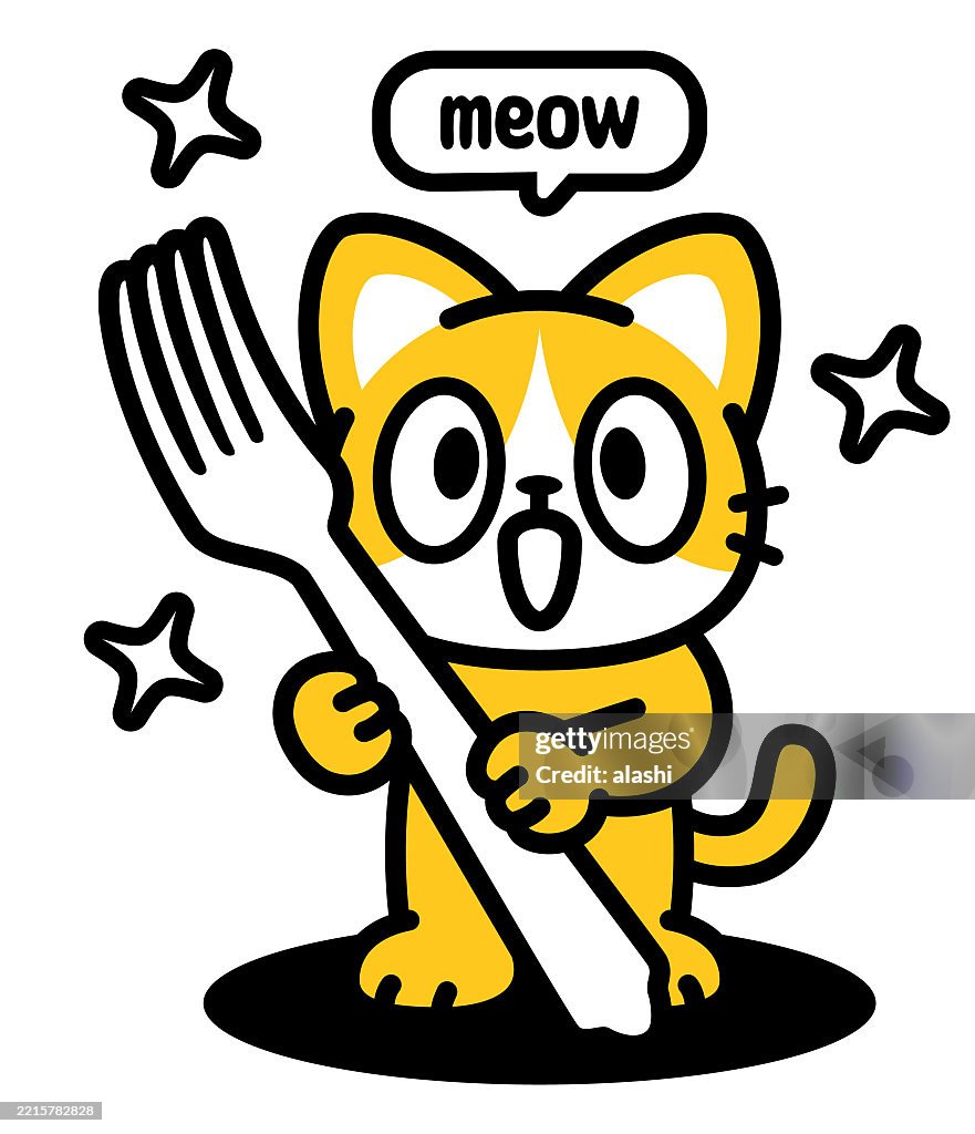A cute cat holding a big fork, looking at the viewer. Front view, black outline with flat colors, minimalist style