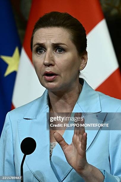 Denmark's Prime Minister Mette Frederiksen attends a press conference at Palazzo Chigi after a meeting with Italy's Prime Minister, Giorgia Meloni in...