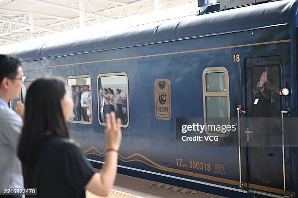 Passengers wait the panda-themed train at Anjing Railway Station on May 18, 2025 in Chengdu, Sichuan Province of China. A new generation panda-themed...