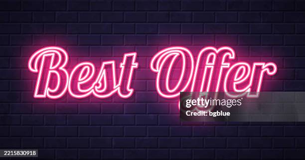 best offer - glowing neon text on brick wall background - bid stock illustrations
