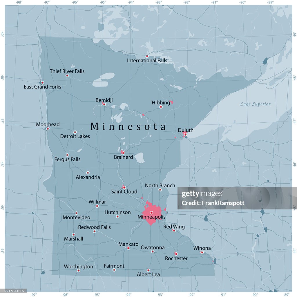 Minnesota US State Vector Road Map Grey