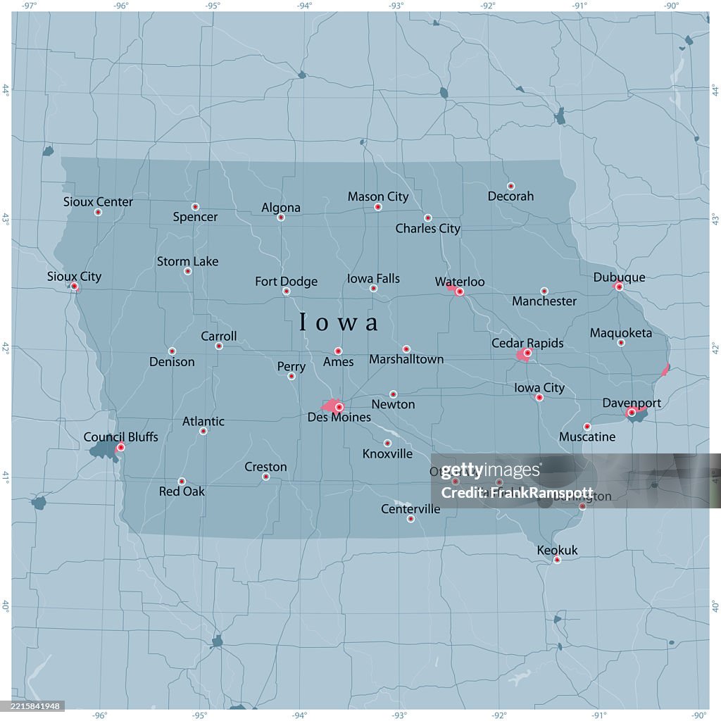 Iowa US State Vector Road Map Grey