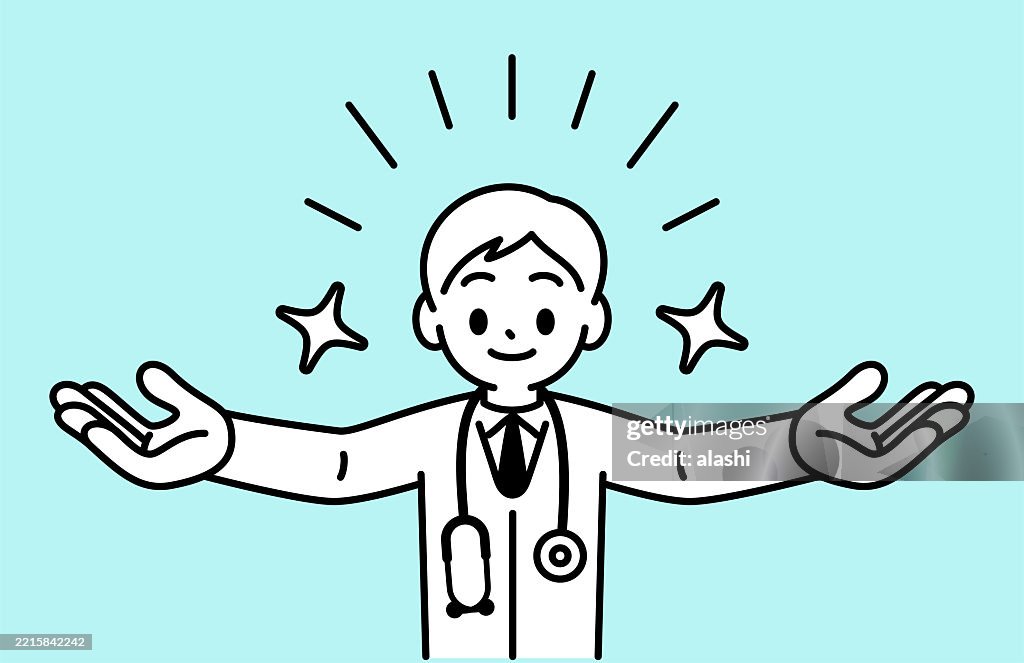 A young doctor in a white coat with a stethoscope, smiling, greeting and welcoming with open arms, looking at the viewer. Front view, black outline with flat colors, minimalist style