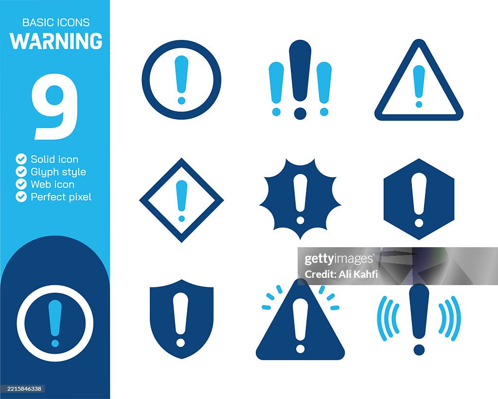 Warning glyph solid icons collection. Vector illustration. Basic icon for website design, logo, app, template, ui, infographic etc