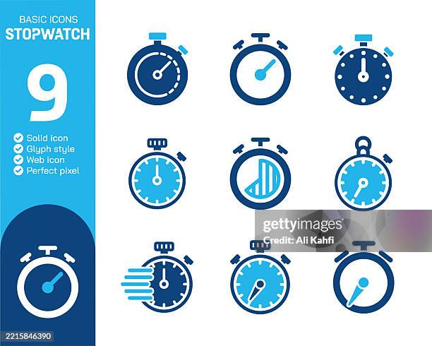 stopwatch glyph solid icons collection. vector illustration. basic icon for website design, logo, app, template, ui, infographic etc - time clock stock illustrations