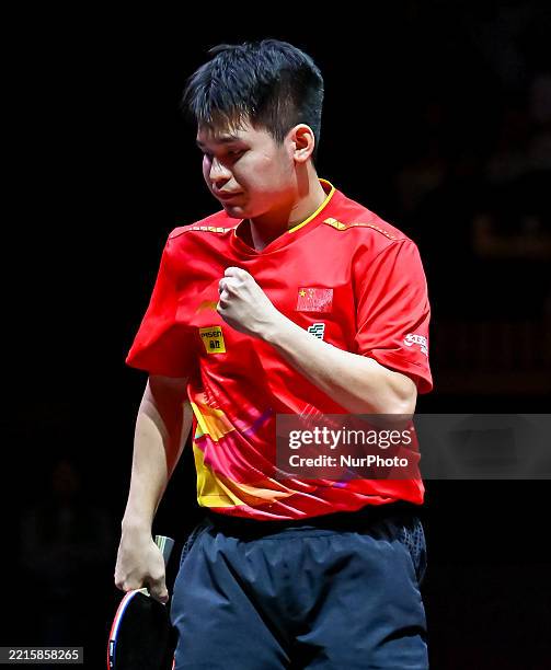 Lin Shidong of China competes against Anton Kallberg of Sweden during the men's Singles - Round of 16 of the ITTF World Table Tennis Championships...