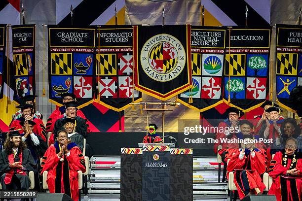 Kermit the Frog delivers the University of Maryland commencement during a graduation ceremony in College Park, Maryland, on May 22, 2025.