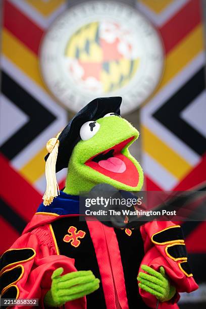 Kermit the Frog practices his University of Maryland commencement address in College Park, Maryland, on May 22, 2025.