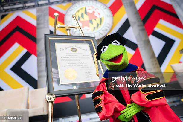 Kermit the Frog practices his University of Maryland commencement address in College Park, Maryland, on May 22, 2025.