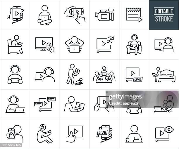 ilustraciones, imágenes clip art, dibujos animados e iconos de stock de iconos de línea fina de video - trazo editable - los íconos incluyen video en línea, transmisión de video, persona viendo video en una computadora portátil, adolescente viendo video en el teléfono, video en vivo, viendo películas, entretenimiento, g - servicio a la carta