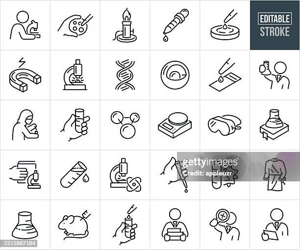 science thin line icons - editable stroke - icons include scientists, science, chemistry, chemist, laboratory, lab equipment, beaker, test tube, dna, microscope, petri dish, scientific experiment, atom, molecule, study, experimentation, research - microbiologist stock illustrations