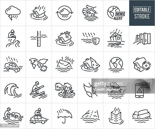 flood thin line icons - bearbeitbarer strich - zu den symbolen gehören überschwemmungen, hochwasser, regen, naturkatastrophen, hausüberschwemmungen, geschäftsüberschwemmungen, katastrophen, verwüstung, zerstörung, menschen, die in überschwemmungen - schlauchboot stock-grafiken, -clipart, -cartoons und -symbole