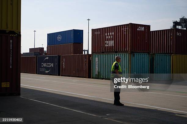 Worker at the Bayport Container Terminal at the port of Houston in Seabrook, Texas, US, on Thursday, May 22, 2025. US businesses are under mounting...