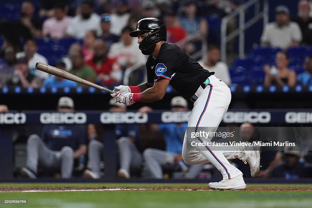 Miami Rays Derek Hill of the Miami Marlins bats in the game against the Tampa ...