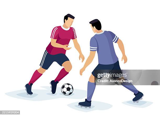 a football player dribbling the ball in front of an opposing defender. face‑off dribble. - kicking-soccer-ball-clip-art stock illustrations