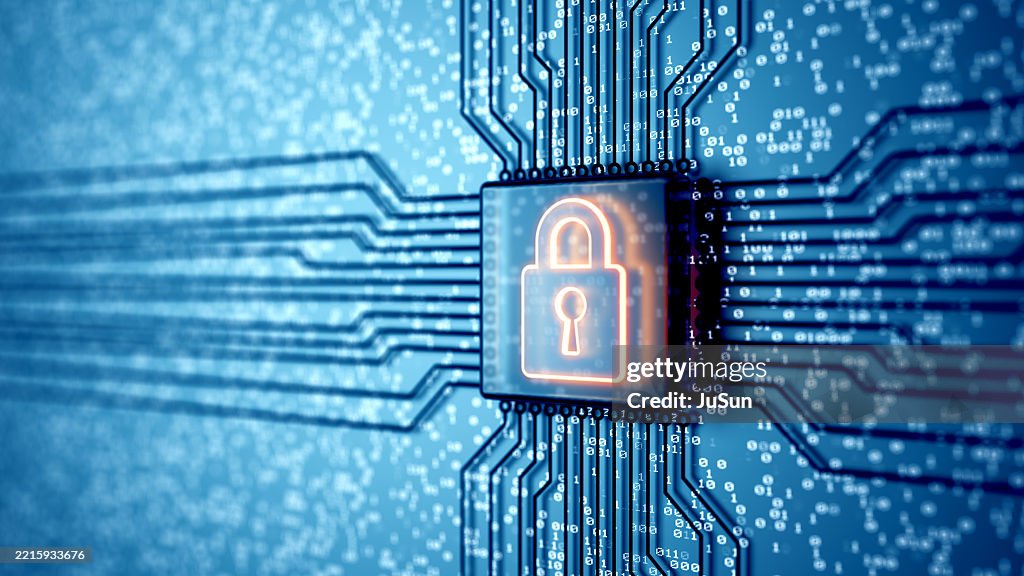 Electronic quantum computer microchip with lock icon. Internet security and privacy network technology. Circuit board. 3d render