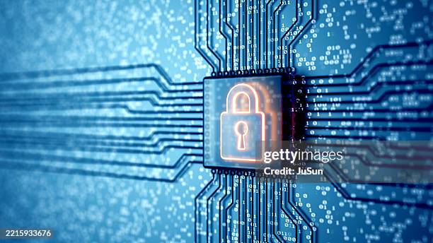 electronic quantum computer microchip with lock icon. internet security and privacy network technology. circuit board. 3d render - fechado imagens e fotografias de stock