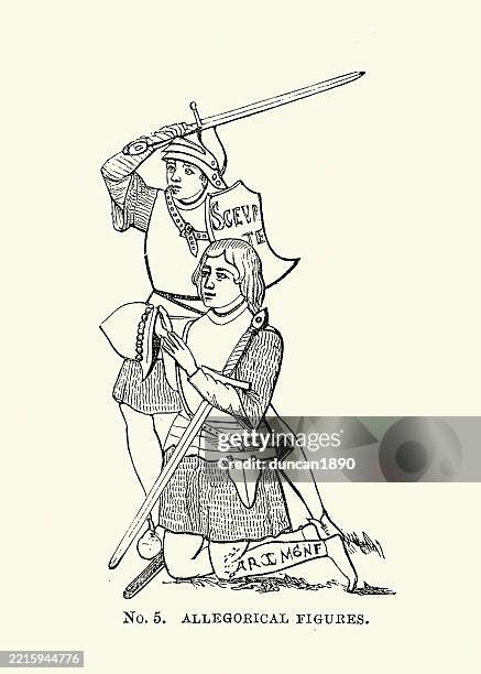medieval history, knights in armour, armed with sword and shield, vintage illustration - soldier kneeling stock illustrations