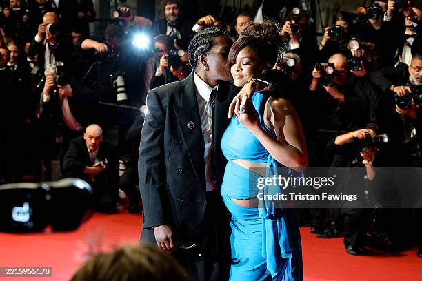 Rocky and Rihanna depart the "Highest 2 Lowest" red carpet at the 78th annual Cannes Film Festival at Palais des Festivals on May 19, 2025 in Cannes,...