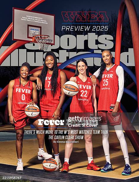 June 2025 Sports Illustrated Cover: Basketball: WNBA Preview: Portrait of Indiana Fever Kelsey Mitchell , Aliyah Boston , Caitlin Clark , and DeWanna...