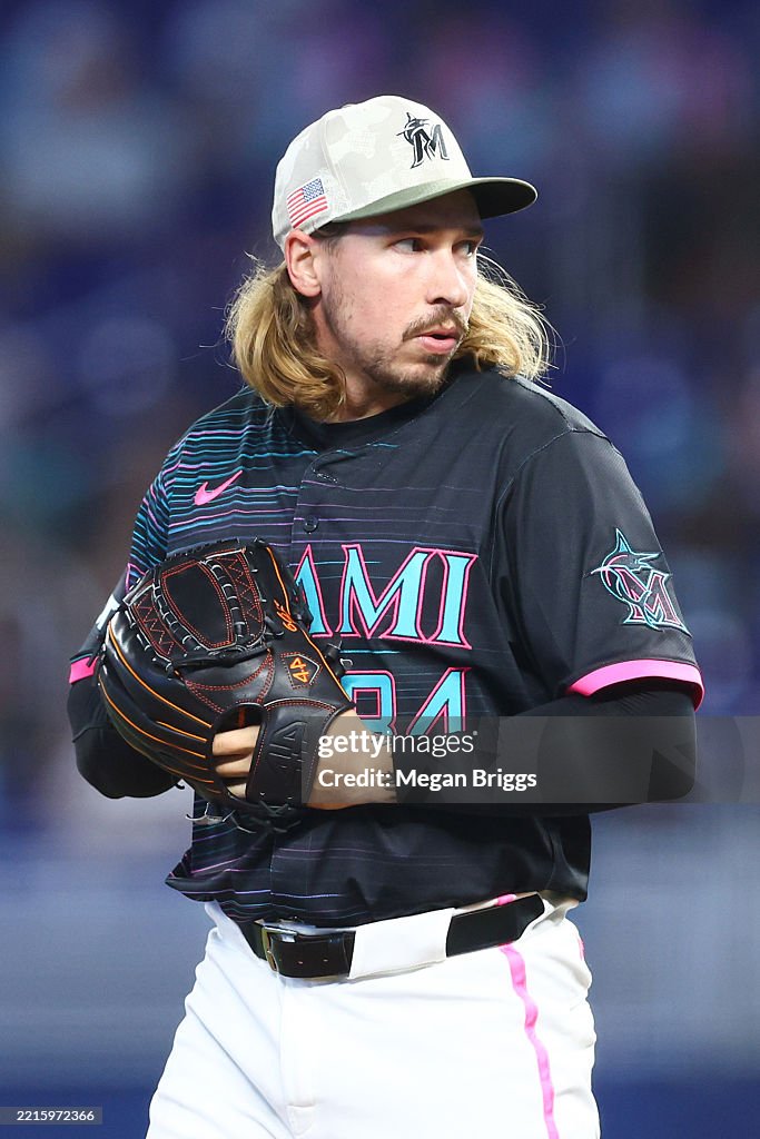 Miami Rays Lake Bachar of the Miami Marlins pitches against the Tampa Bay Rays ...