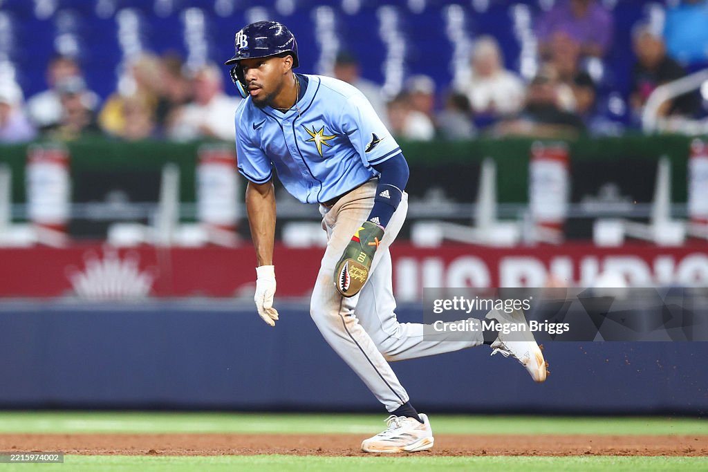 Miami Rays Chandler Simpson of the Tampa Bay Rays runs to second base against ...