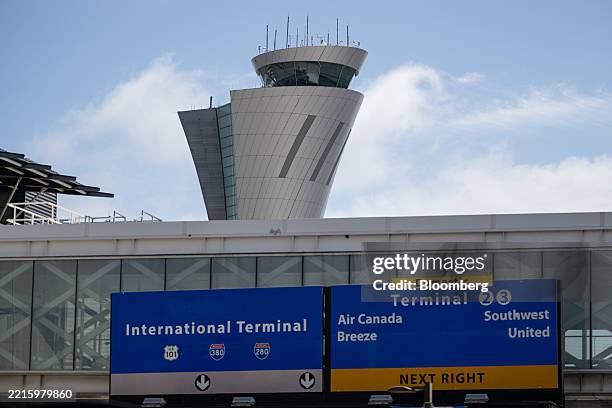 An air traffic control tower at San Francisco International Airport in San Francisco, California, US, on Friday, May 23, 2025. Flyers heading out for...