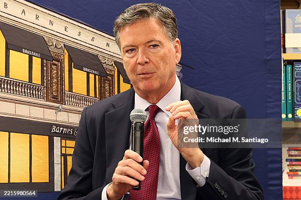 Author James Comey, former FBI Director, speaks at the Barnes & Noble Upper West Side on May 19, 2025 in New York City. Comey sat with Esposito to...