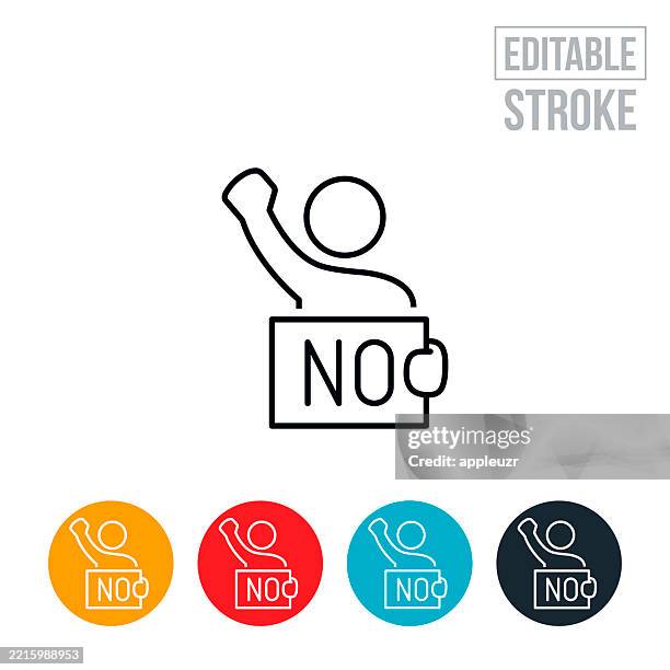 ilustraciones, imágenes clip art, dibujos animados e iconos de stock de demostrador con el puño levantado sosteniendo un cartel que dice no icono de línea delgada - trazo editable - puño en alto