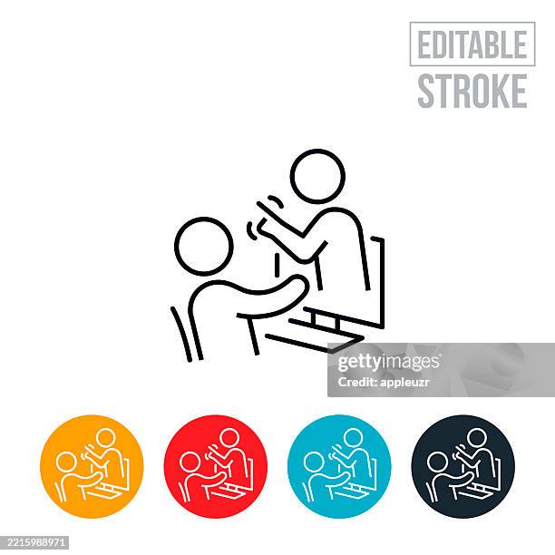 child being threatened by cyberbully online while using a computer thin line icon - editable stroke - blame stock illustrations