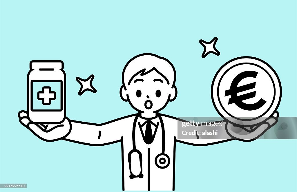 A young doctor in a white coat with a stethoscope, showing Money and a pill bottle, looking at the viewer. Front view, black outline with flat colors, minimalist style