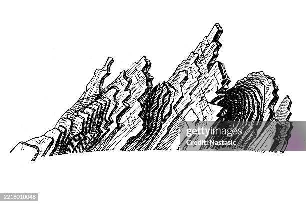 mountain forms, sickle ridge, seen from lake walen. sedimentary layers bent - volcanic landscape stock illustrations